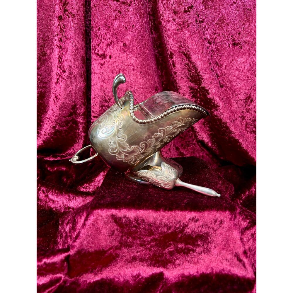 Vintage Victorian Style Silverplate Sugar Scuttle Engraved Scrollwork Serveware